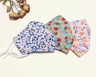 Masques floraux en coton pour le printemps et l'été, 100 % coton, 3 couches avec fil nasal, masque facial avec poche filtrante, réglable, cadeaux des fêtes