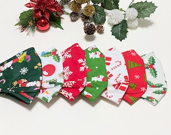 Christmas and Winter Face Masks with Filters, Washable, 3 Layers, 100% Cotton, Nose Wire, Holiday Face Mask for Adults, Adjustable Ear Loops