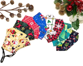 Christmas and Winter Themed Face Masks with Filters for Adults, Washable, 3 Layers, 100% Cotton, Nose Wire, Filter Pocket, Holiday Gifts