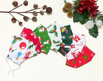 Christmas and Winter Face Masks with Filters, Washable, 3 Layers, 100% Cotton, Nose Wire, Holiday Face Mask for Adults, Adjustable Ear Loops