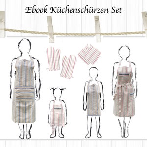 Könnte beinhalten: Ebook Küchenschürzen Set: Ein digitales Schnittmuster zum Nähen eines Sets gestreifter Küchenschürzen in verschiedenen Größen. Das Set beinhaltet eine große Schürze, eine kleinere Schürze und zwei Topflappen.
