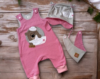 Handgefertigtes Newbornset: pink-rosa gestreift mit braunem Teddy und Segelboot - Strampler, Mütze und Halstuch