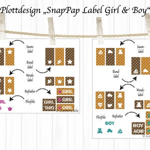 Könnte beinhalten: Diagramm, das verschiedene Möglichkeiten zeigt, Etiketten auf Stoff zu nähen. Die Etiketten sind braun und goldfarben mit weißen und rosafarbenen Designs. Die Etiketten enthalten die Wörter "Girl" und "Boy".