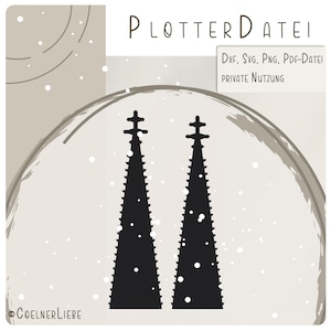 May include: Black silhouette of two stylized cathedral spires with a textured design and white accents. The image includes the text "PLOTTERDATEI" and file type information. The design is set against a neutral background with a decorative border.