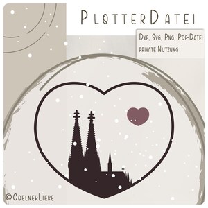 May include: A digital design featuring a heart-shaped frame with a silhouette of a cathedral and a small heart. The text "PLOTTER DATEI" is at the top, with additional text indicating file formats and private use. The design is in shades of brown and white.