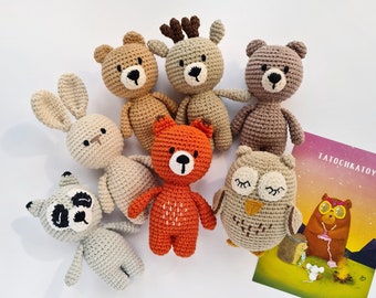 Woodland animals first birthday toys, crochet small animal fox, bear, bunny, deer, raccoon, owl, dog toy