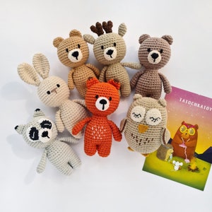 Woodland animals first birthday toys, crochet small animal fox, bear, bunny, deer, raccoon, owl, dog toy