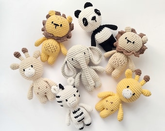 Safari stuffed baby toy, crochet giraffe, lion, panda, zebra, elephant first birthday gift