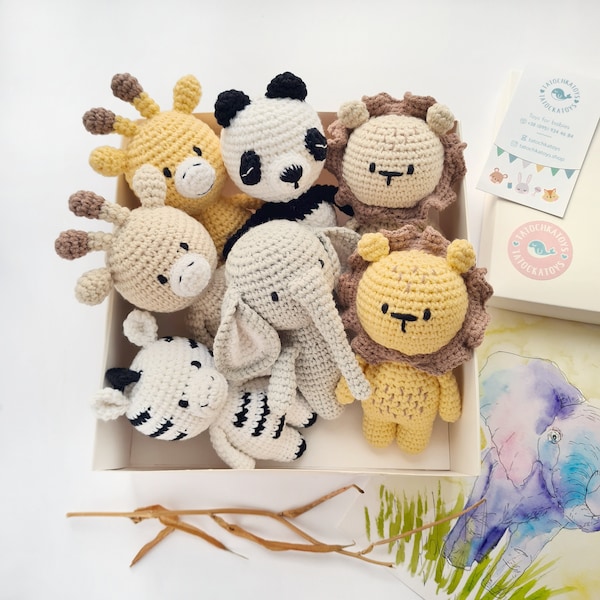 Petits animaux de safari au crochet, jouets pour bébé, cadeaux pour fille ou garçon de 1 an, cadeau jungle pour bébé de 6 mois