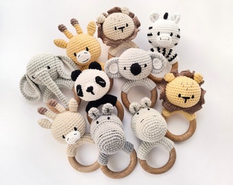 Baby crochet rattle gift for expecting mum, Giraffe Hippo Panda Elephant Koala Lion Zebra rattle