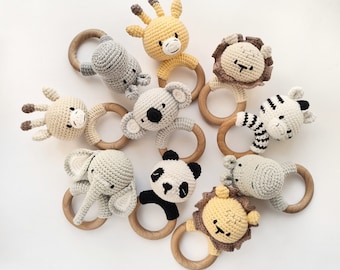 Panda Giraffe Hippo Lion Elephant Zebra Koala rattle gift for expecting, Safari animals Crochet Baby gift Newborn baby shower gift