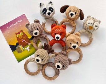 Woodland animal baby toy Gift for forest baby shower Bear Mouse Rat Owl Dog Raccoon Deer Fox rattle