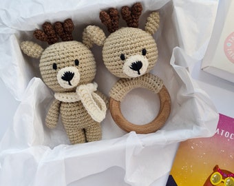 Woodland baby shower gift box for boy mom with deer rattle toy, expecting gift mom