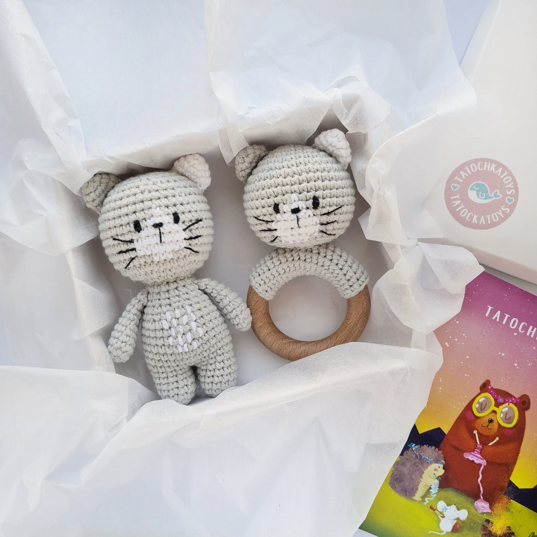 New Mom Gift Basket With Crochet Cat Baby Rattle, Pregnancy Gift Box ...