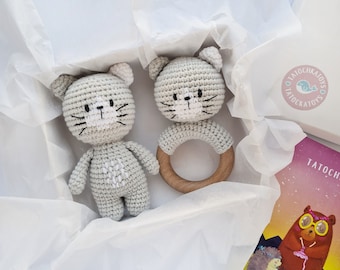New mom gift basket with crochet cat baby rattle, pregnancy gift box with knit cat toy