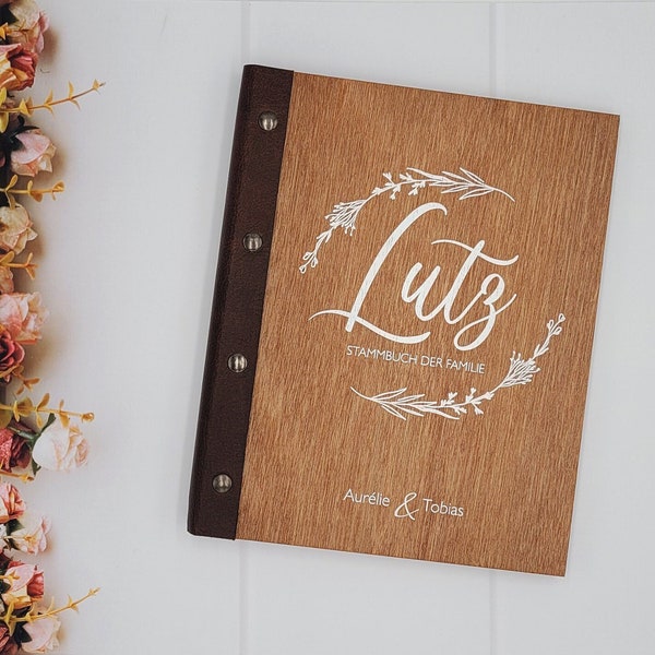 Personalizable LOG FLORAL made of wood, UV printing, Din A5, wedding, registry office, gift for the registry office