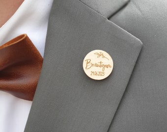 PIN HOCHZEIT, personalisierbar, Holz, Anstecker für Hochzeit, Hochzeit, Bräutigam, Trauzeuge