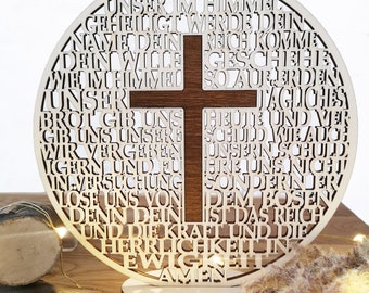 Table stand Lord's Prayer (round), wooden cross Lord's Prayer, Christian gifts