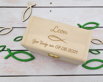 Treasure chest "Fish" or "Dove", engraved, personalized, confirmation, baptism, communion, cash gift