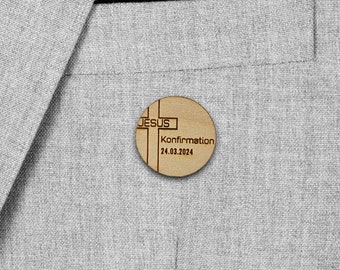 PIN Konfirmation, personalisierbar, Holz, Anstecker für Konfirmation, Taufe, Konfi, Kreuz, Jesus, Gott, Geschenk Konfirmation