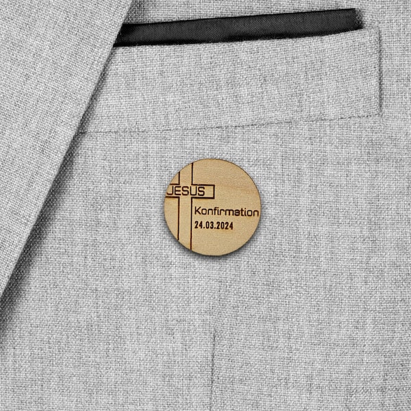 PIN Konfirmation, personalisierbar, Holz, Anstecker für Konfirmation, Taufe, Konfi, Kreuz, Jesus, Gott, Geschenk Konfirmation