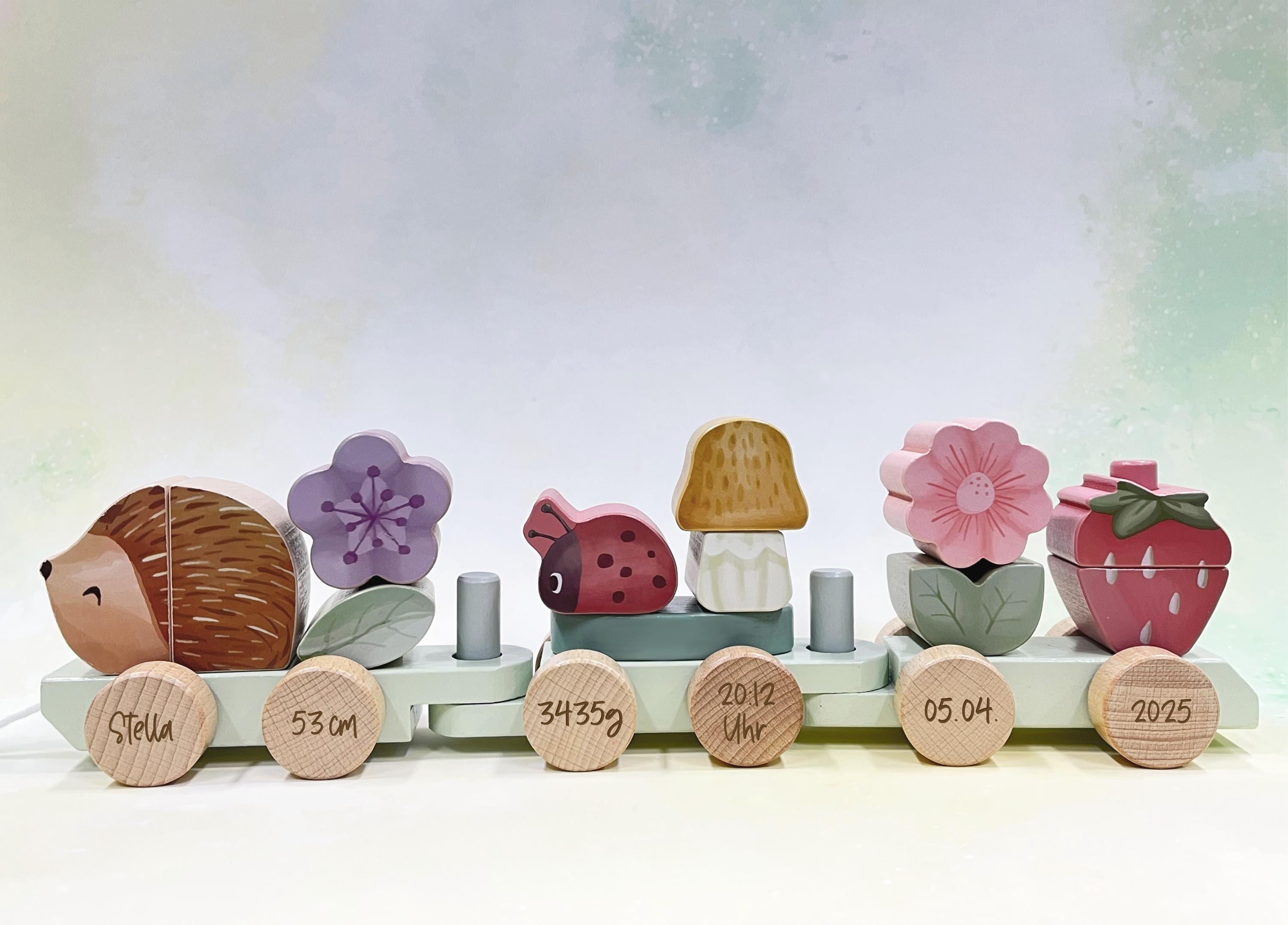 Wooden train "LITTLE HEDGEHOG", wooden train with engraving, personalized toy, toy for birth, baptism, baby gift, birthday train