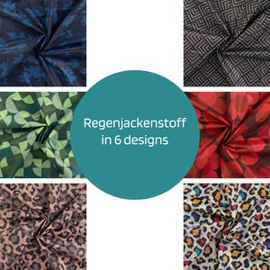 Könnte beinhalten: Sechs verschiedene Stoffmuster für Regenjacken. Die Muster sind in einem Kreis angeordnet, in dessen Mitte der Text "Regenjackenstoff in 6 Designs" steht. Die Stoffe umfassen ein blaues und schwarzes geometrisches Muster, ein grünes und weißes geometrisches Muster, ein rotes und weißes geometrisches Muster, einen schwarzen und weißen Leopardenprint, ein schwarzes und weißes geometrisches Muster und einen braunen und weißen Leopardenprint.