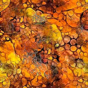 Könnte beinhalten: Abstrakter Kunstdruck mit einer lebendigen Farbmischung. Das Design zeigt eine Mischung aus Orange-, Gelb- und Brauntönen mit einem strukturierten Aussehen. Das Kunstwerk hat ein einzigartiges Muster aus organischen Formen und erzeugt eine visuell ansprechende Komposition.