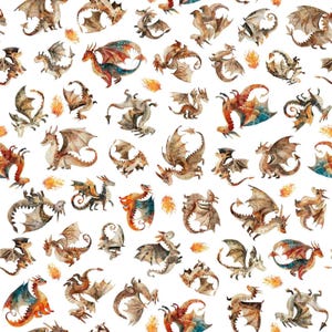 Könnte beinhalten: Ein sich wiederholendes Muster aus Aquarelldrachen in verschiedenen Posen und Farben, darunter Rot, Orange, Braun und Blau. Die Drachen haben detaillierte Flügel und sind vor einem weißen Hintergrund mit kleinen Flammenakzenten platziert.