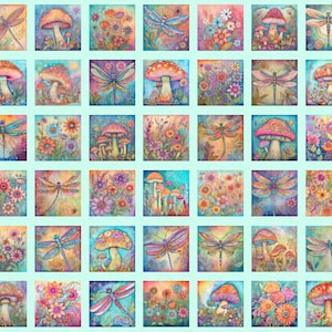 Könnte beinhalten: Eine Sammlung von Aquarellkunstquadraten mit skurrilen Illustrationen. Jedes Quadrat zeigt eine Libelle, einen Pilz oder ein Blumenarrangement in leuchtenden Farben wie Rosa, Blau und Orange. Das Kunstwerk hat eine verträumte, märchenhafte Ästhetik.