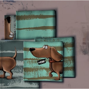 Könnte beinhalten: Eine skurrile Illustration mit einem braunen Dackel mit überraschtem Gesichtsausdruck und dem Wort „WOW“ auf einem schwarzen Etikett. Der Hund ist vor einem Hintergrund aus türkis-braunen Streifenpaneelen platziert, was ein verspieltes und künstlerisches Design ergibt.