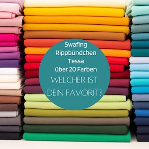 Könnte beinhalten: Gestapelte Stoffe aus geripptem Strick in verschiedenen Farbtönen, darunter Gelb, Orange, Rot, Lila, Grün und Blau. Das Bild zeigt einen türkisfarbenen Kreis mit deutschem Text: "Swafing Rippbündchen Tessa über 20 Farben WELCHER IST DEIN FAVORIT?"