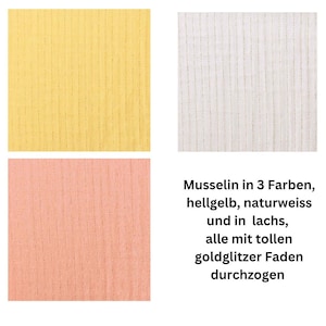Könnte beinhalten: Drei Stoffmuster aus Musselin mit durchgewebtem goldfarbenem Glitzerfaden. Die Muster sind in Hellgelb, Weiß und Pfirsich.