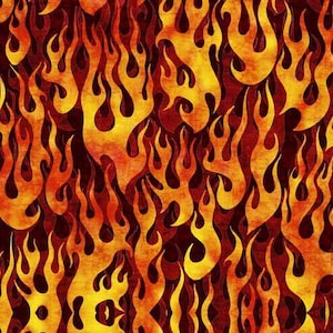 Könnte beinhalten: Ein sich wiederholendes Muster stilisierter Flammen in Gelb-, Orange- und Rottönen. Die Flammen haben ein strukturiertes Aussehen mit dunkleren roten Umrissen und einem Gradienteneffekt, wodurch ein feuriges, dynamisches Design entsteht.