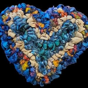 Hand Hooked Fiber Art Heart Brooch