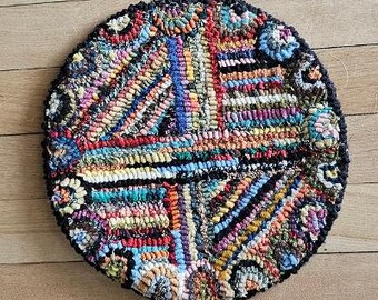 Hand Hooked, Hand Dyed Wool, Hit & Miss, Small Chair Pad or Mat