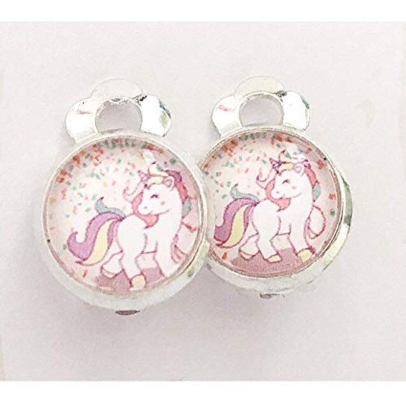 Girls ear clips unicorn pink rainbow confetti pink clip on earrings unicorn image 1