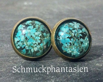 real flowers ear studs turquoise