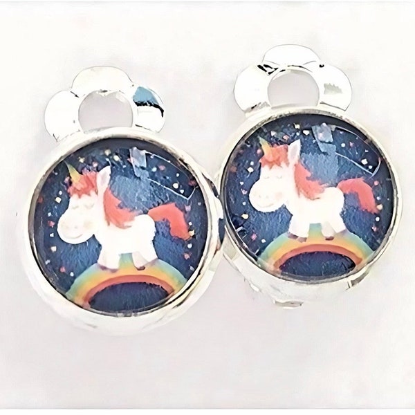 Girls ear clips unicorn pink rainbow confetti pink clip on earrings unicorn