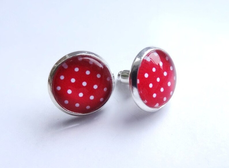 Stud earrings cabochon red polka dots image 2