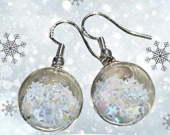 Mini Glaskugel Ohrringe 925 silber Winter weiße Sterne O26