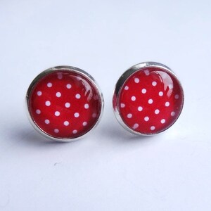 Stud earrings cabochon red polka dots image 1