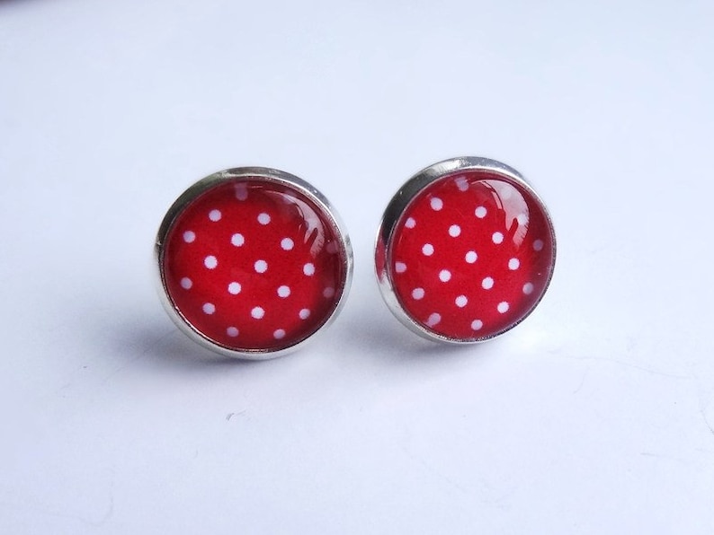 Stud earrings cabochon red polka dots image 1