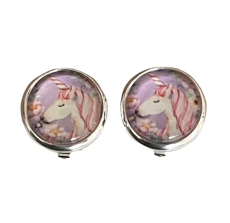 Girls clip on earrings unicorn pink clip on earrings unicorn image 1
