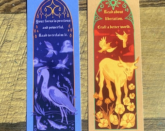 Leftist Art Bookmarks / Blue Wisconsin Freshwater Ecosystem or Red Ox, Poppies, & Palestinian Sunbird