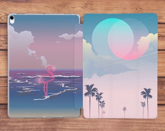 Étui pour iPad rétro art flamant rose, étui pour iPad été, étui intelligent pour iPad, étui pour iPad nature, inspiration art, vagues de l'océan, impression palmier oiseau