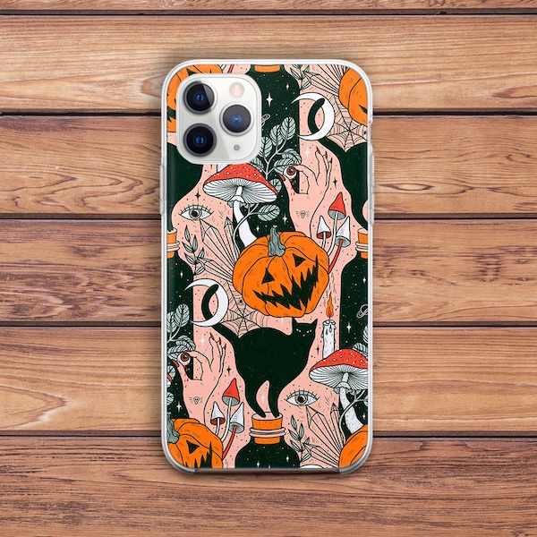 Halloween print case Black cat case Orange pumpkin art iPhone case moon Mushrooms art case Phone case creepy Fly agaric print Black magic