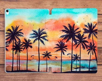 Étui intelligent pour iPad imprimé nature estivale, étui palmier pour iPad, impression aquarelle de coucher de soleil, art océan mer, support à rabat pour iPad, étui pour iPad, art du voyage à la plage