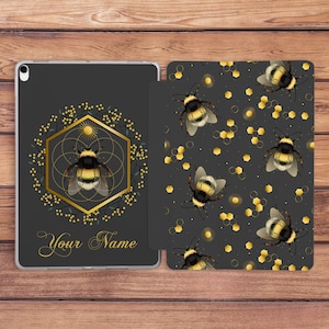 iPad case bee Custom name case Bumblebee print case Honeycombs art case iPad black case iPad flip stand iPad Pro case iPad 10th gen case