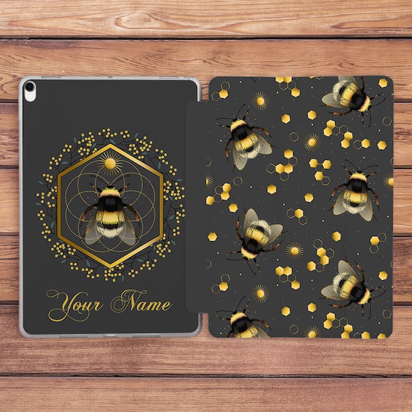 Étui pour iPad abeille avec nom personnalisé Étui à imprimé bourdons Étui artistique nids d'abeilles Étui noir pour iPad Étui à rabat pour iPad Étui pour iPad Pro Étui pour iPad 10e génération